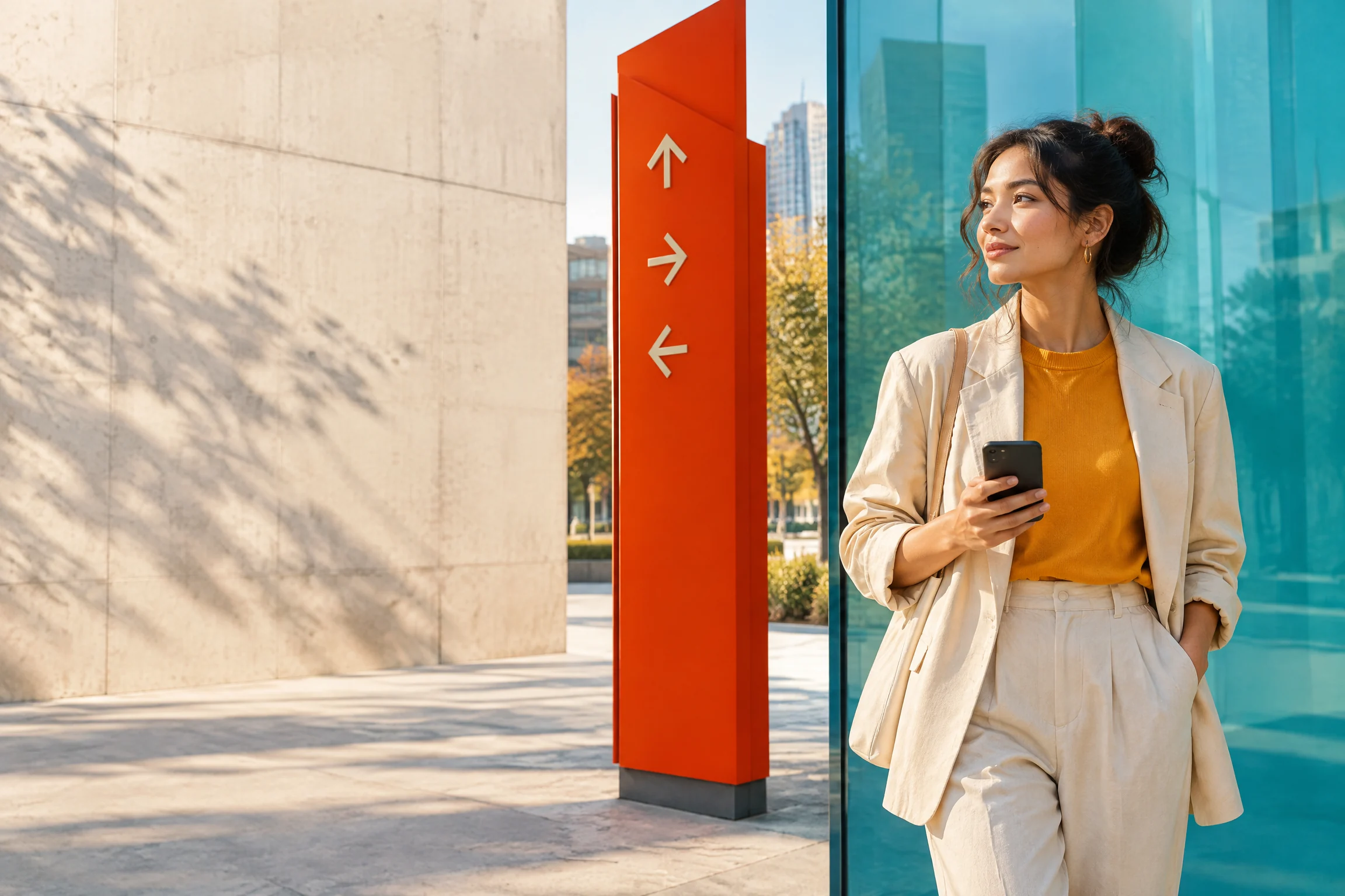 Product designer next to a bold directional sign holding a phone