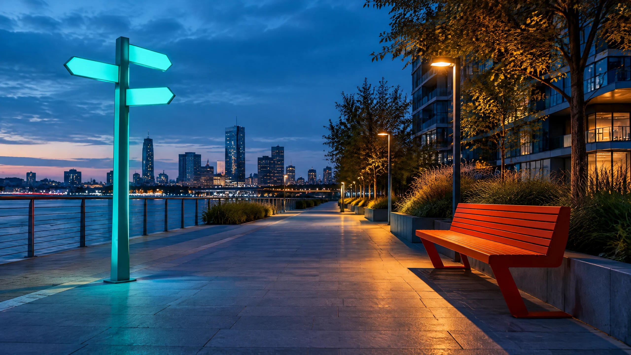 Quiet evening street marker in a contemporary city space
