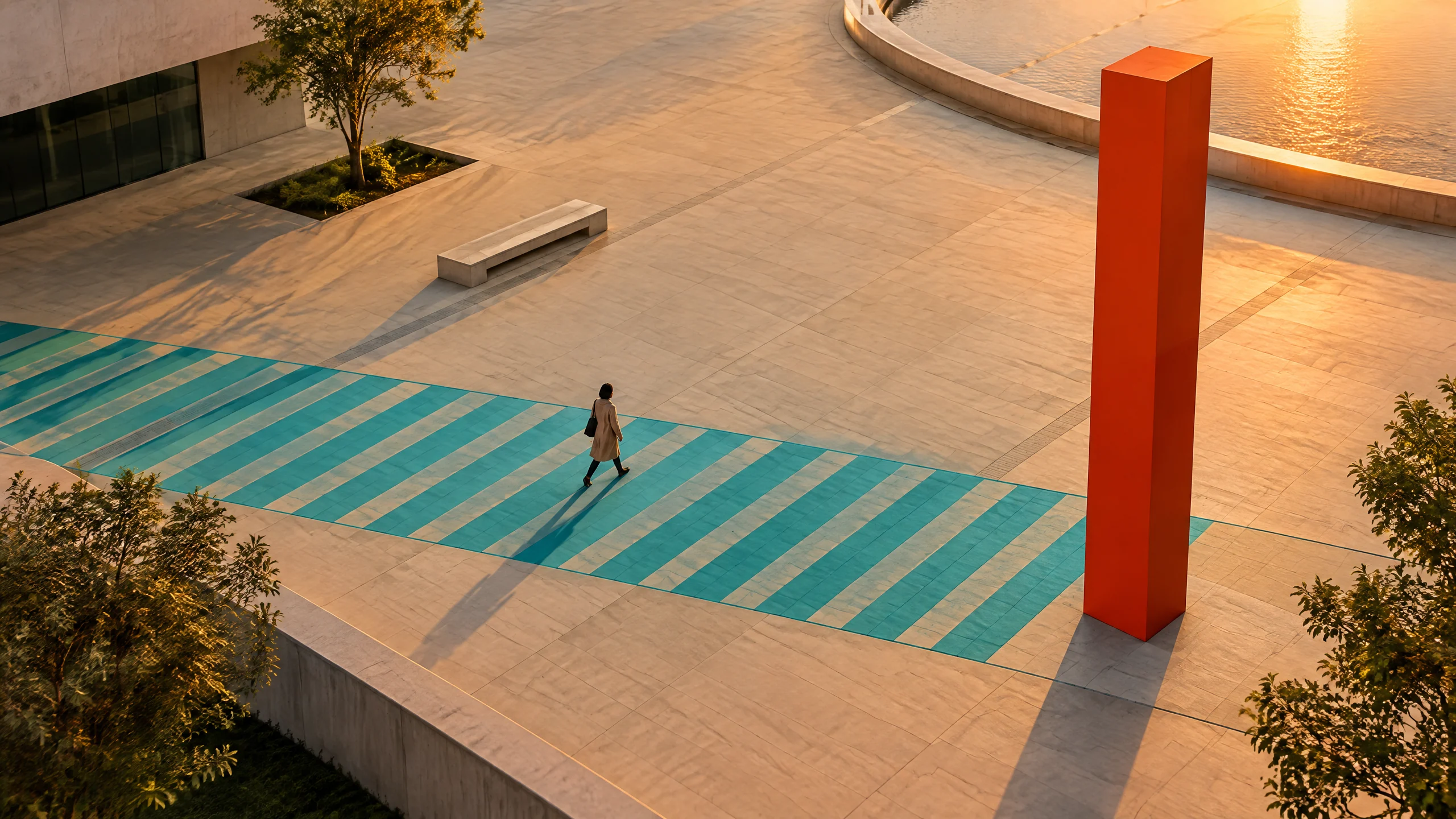 Person crossing a turquoise path in a contemporary plaza
