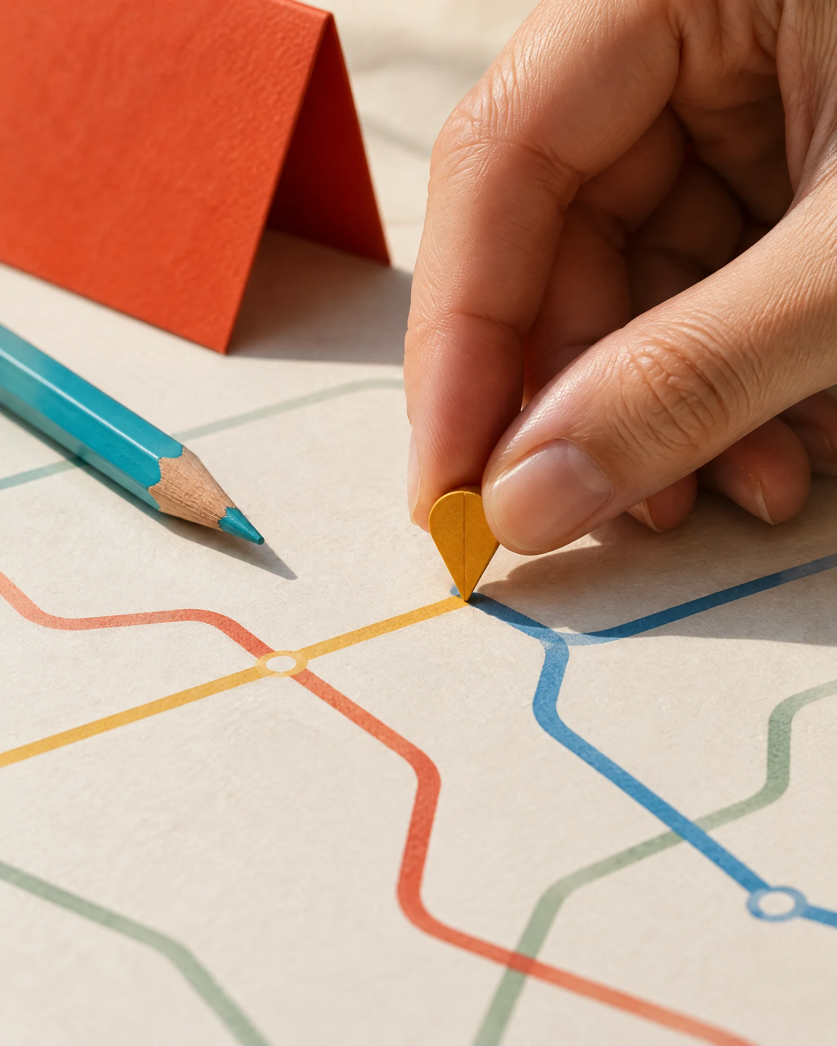 Hand placing a marker on an abstract route map