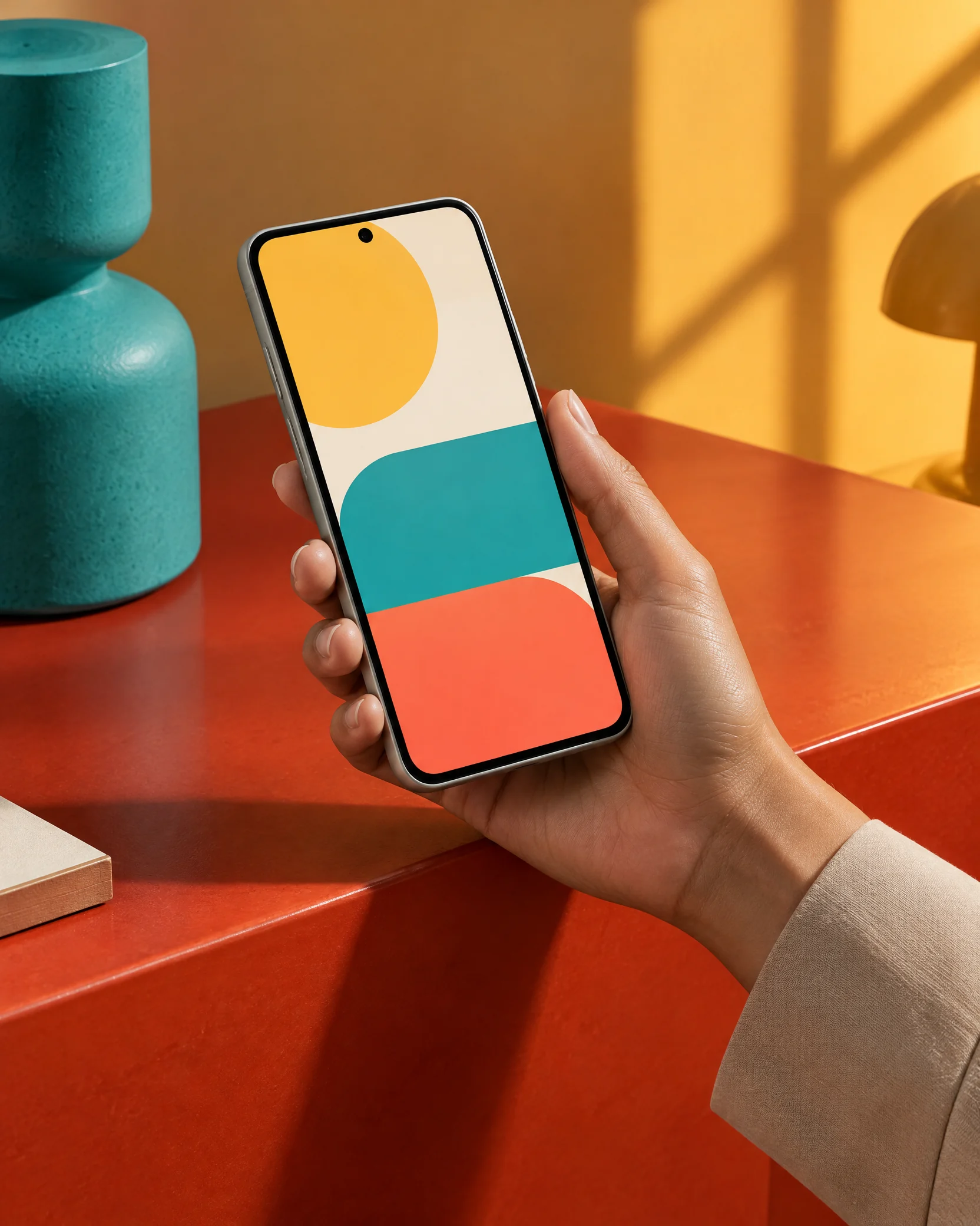 Hand using an abstract mobile interface in a product studio