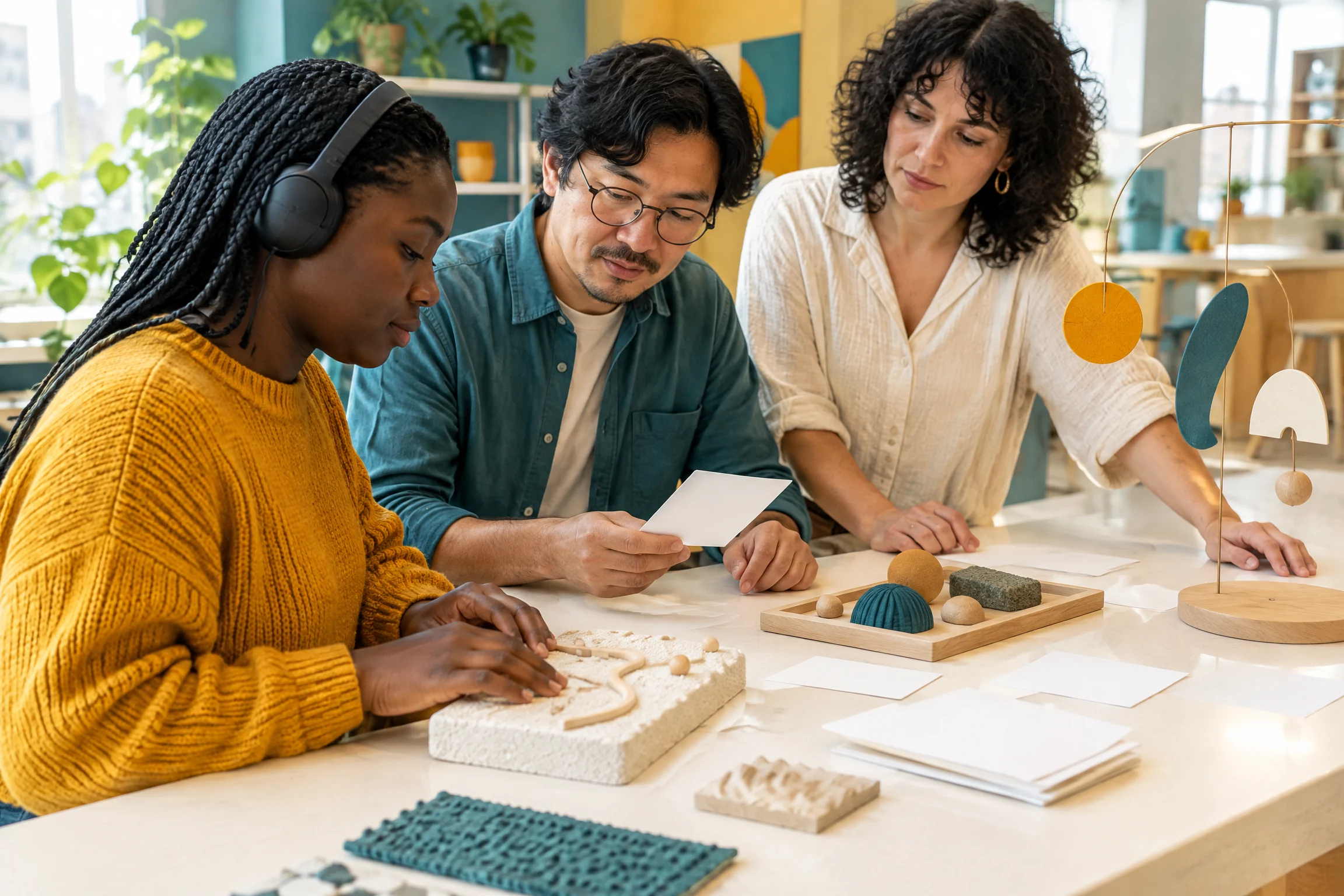 People reviewing mobile product accessibility materials at a studio counter